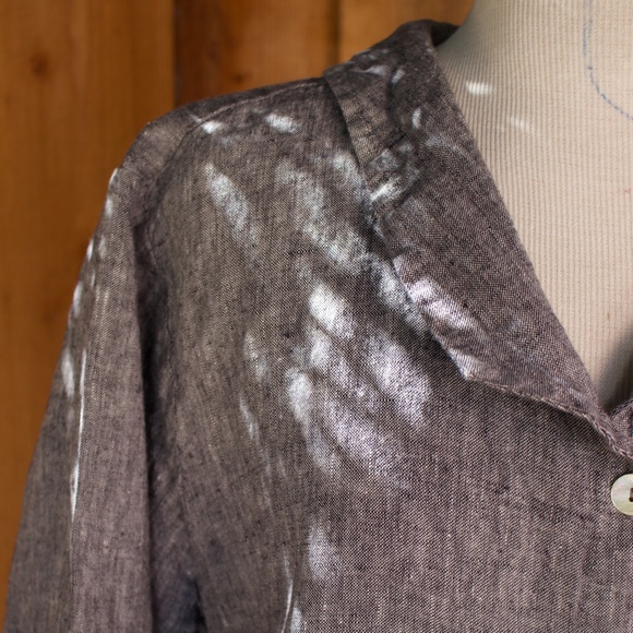 Flax 100% Linen Charcoal Grey Short Sleeve Button Down Blouse - Picture 10 of 14